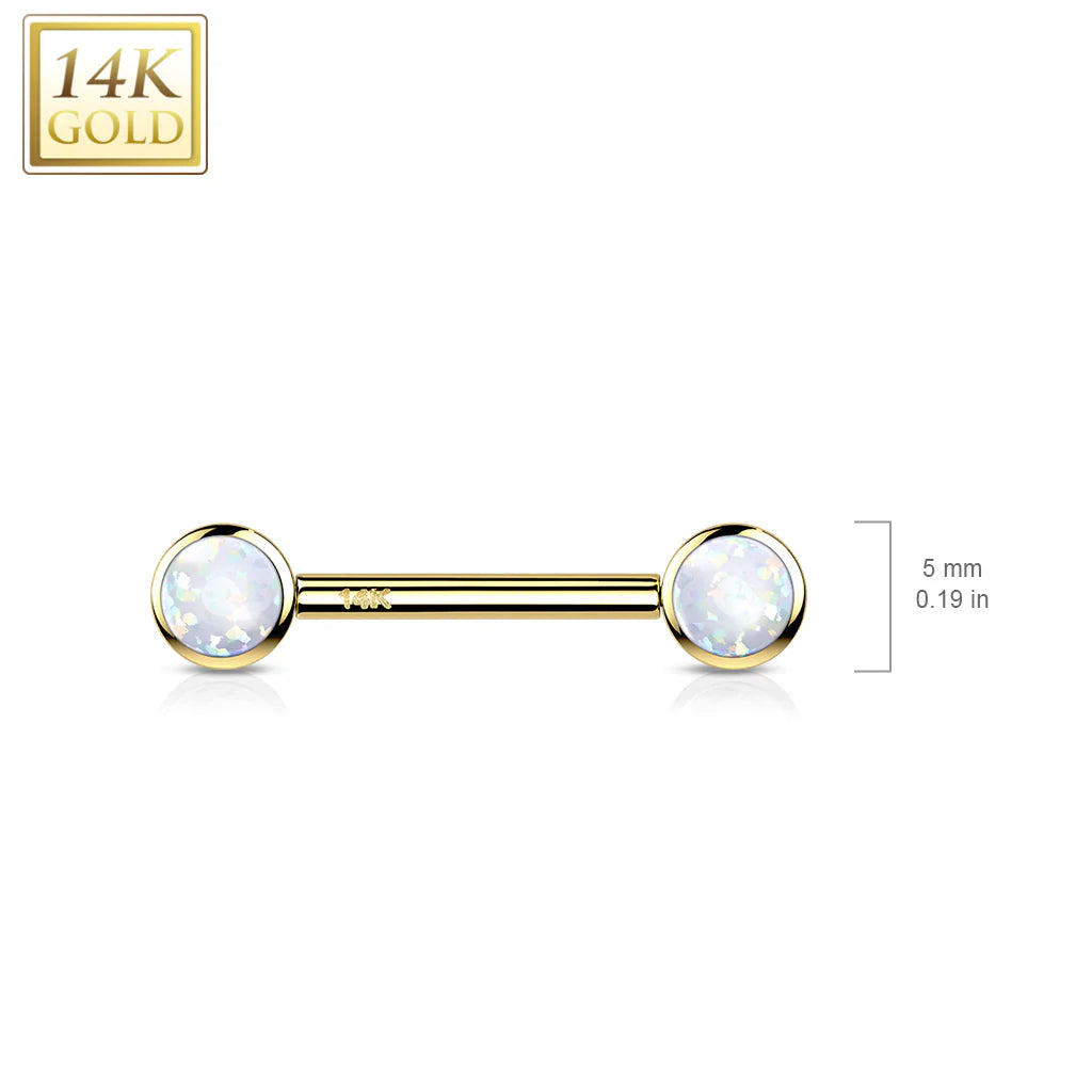 14 Karat Solid Gold Nipple Ring Barbell 14 Gauge 14 MM With Round Opal