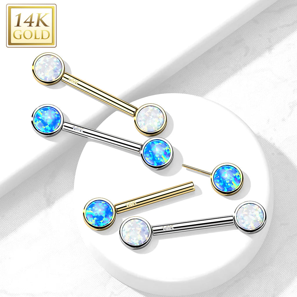 14 Karat Solid Gold Nipple Ring Barbell 14 Gauge 14 MM With Round Opal