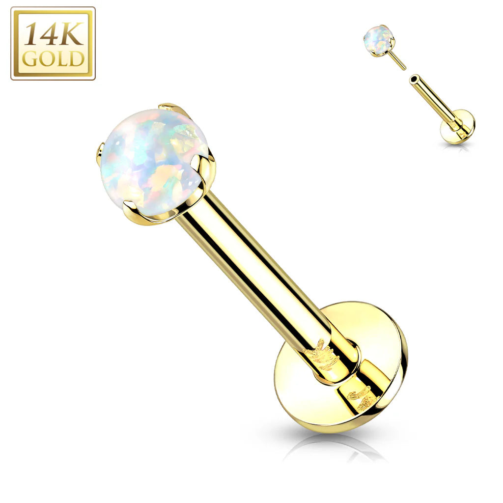 14 Karat Solid Gold Labret / Monroe Stud 16 Gauge with Synthetic Opal