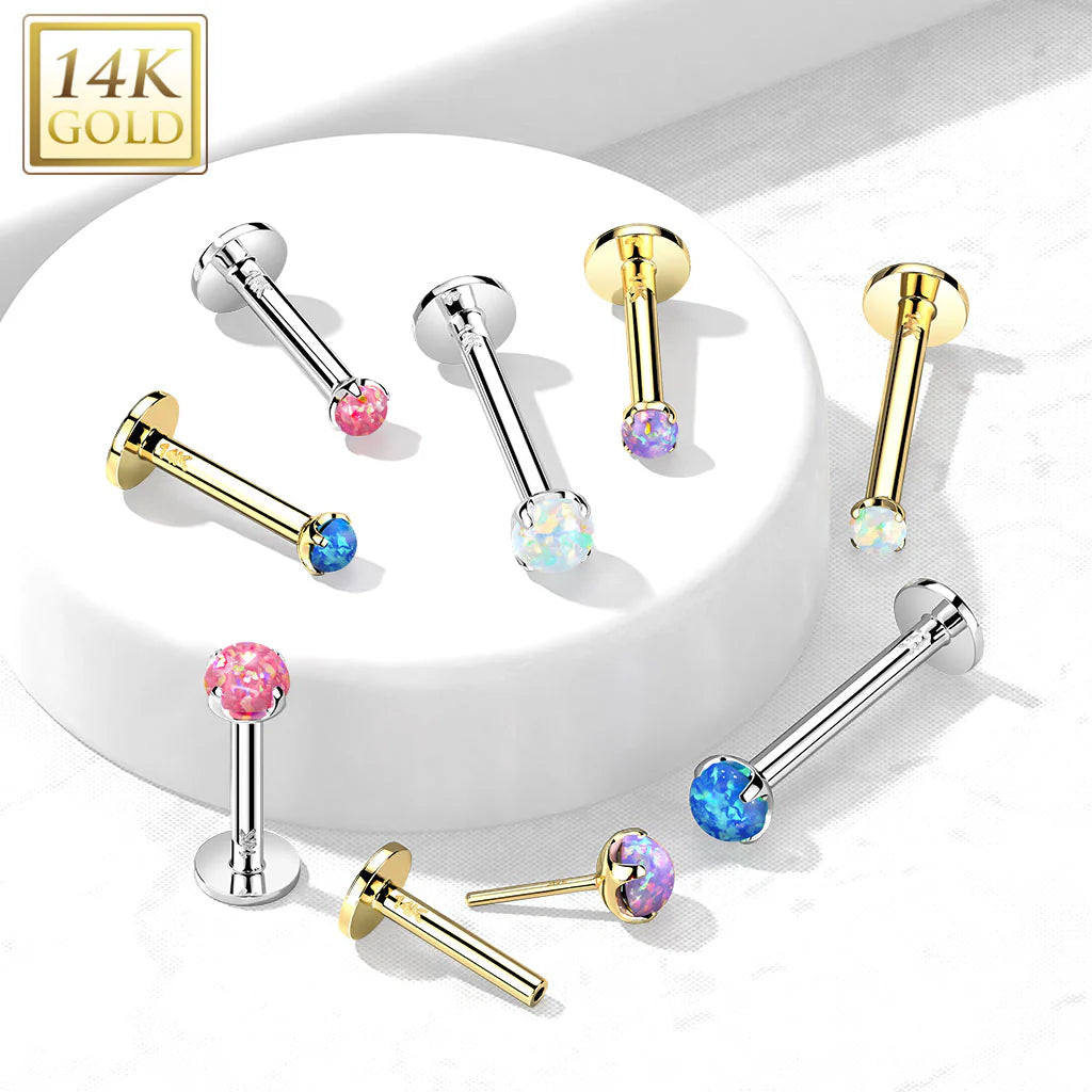 14 Karat Solid Gold Labret / Monroe Stud 16 Gauge with Synthetic Opal