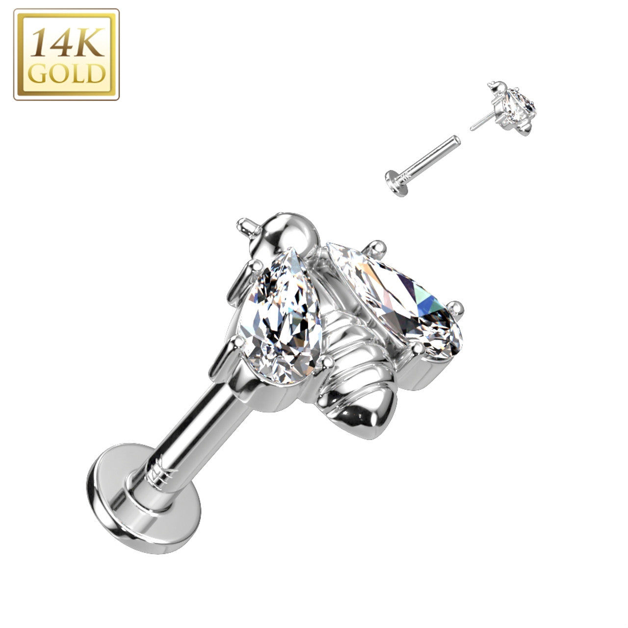 14 Karat Solid Gold Labret / Monroe Stud 18 Gauge 8 MM & Bee CZ Wings