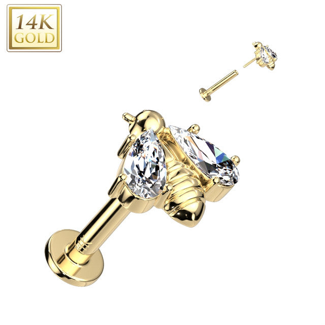 14 Karat Solid Gold Labret / Monroe Stud 18 Gauge 8 MM & Bee CZ Wings