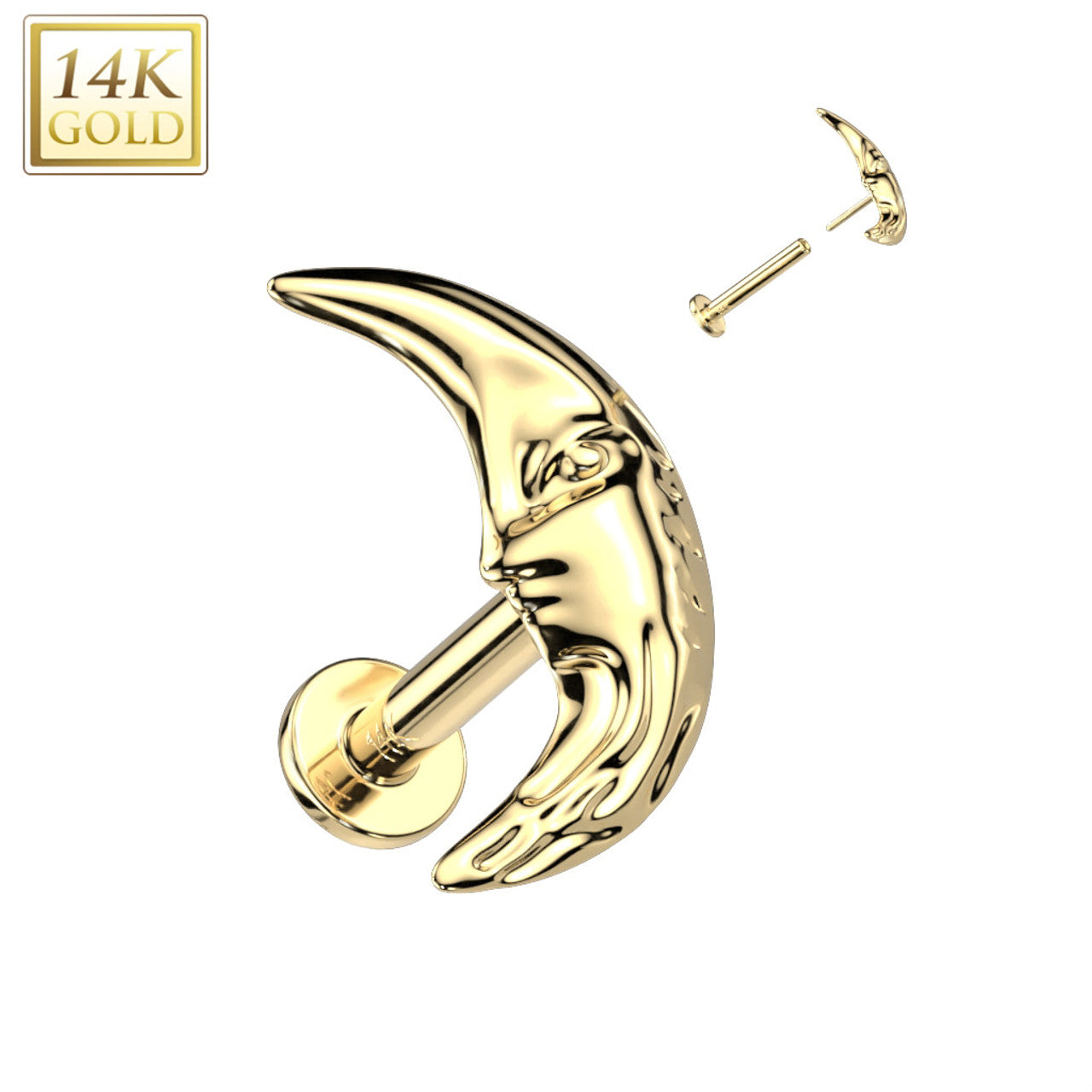 14 Karat Gold Labret / Monroe Stud 18 Gauge with Face In Crescent Moon