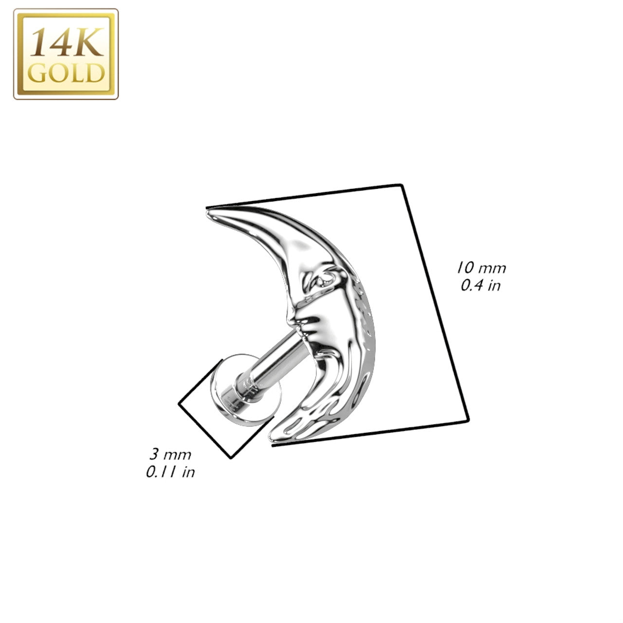 14 Karat Gold Labret / Monroe Stud 18 Gauge with Face In Crescent Moon