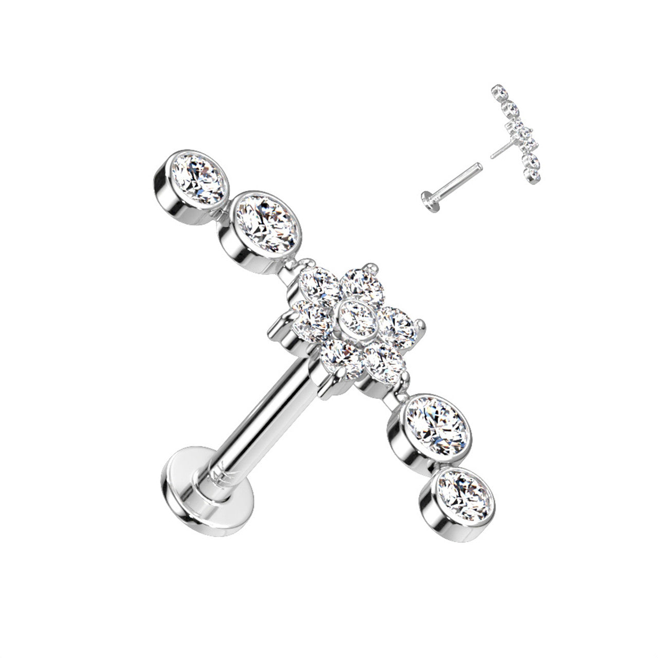 14 Karat Gold Cartilage Labret Stud 18 & 16 Gauge - CZ Flower Climber