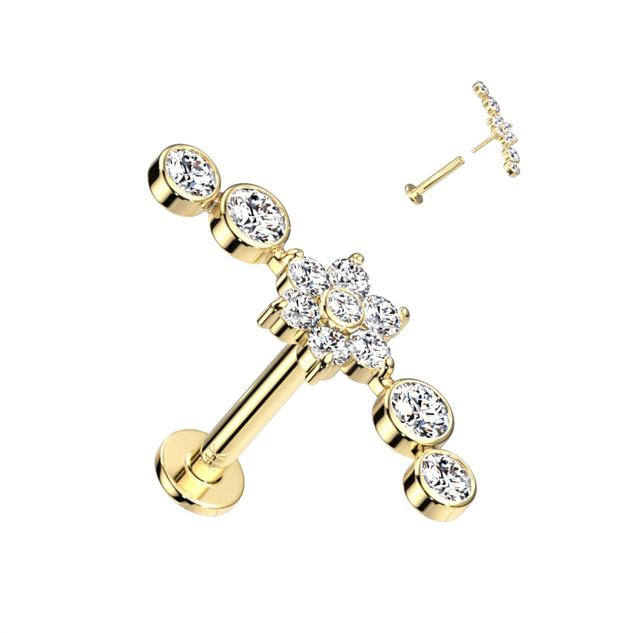 14 Karat Gold Cartilage Labret Stud 18 & 16 Gauge & CZ Flower Climber