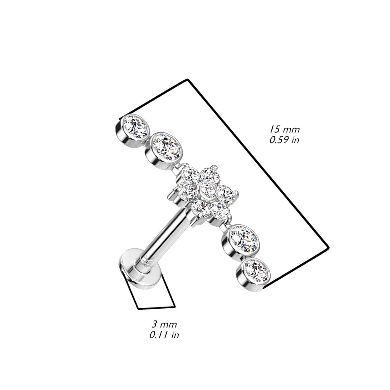 14 Karat Gold Cartilage Labret Stud 18 & 16 Gauge - CZ Flower Climber