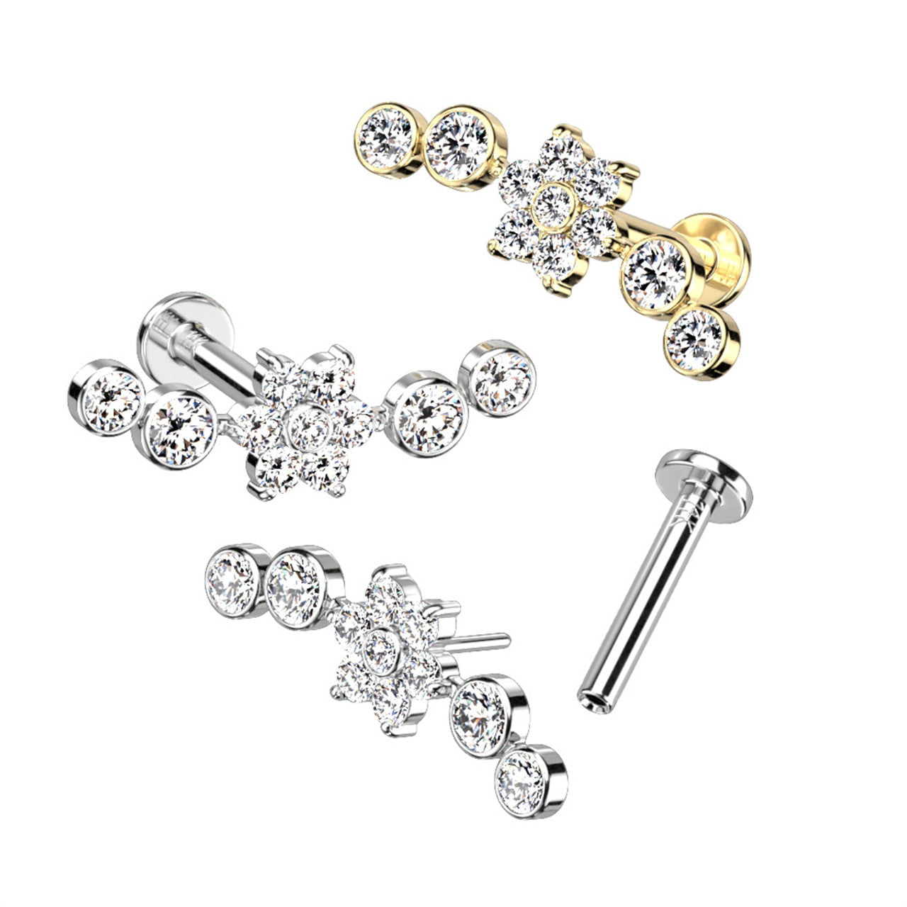 14 Karat Gold Cartilage Labret Stud 18 & 16 Gauge & CZ Flower Climber