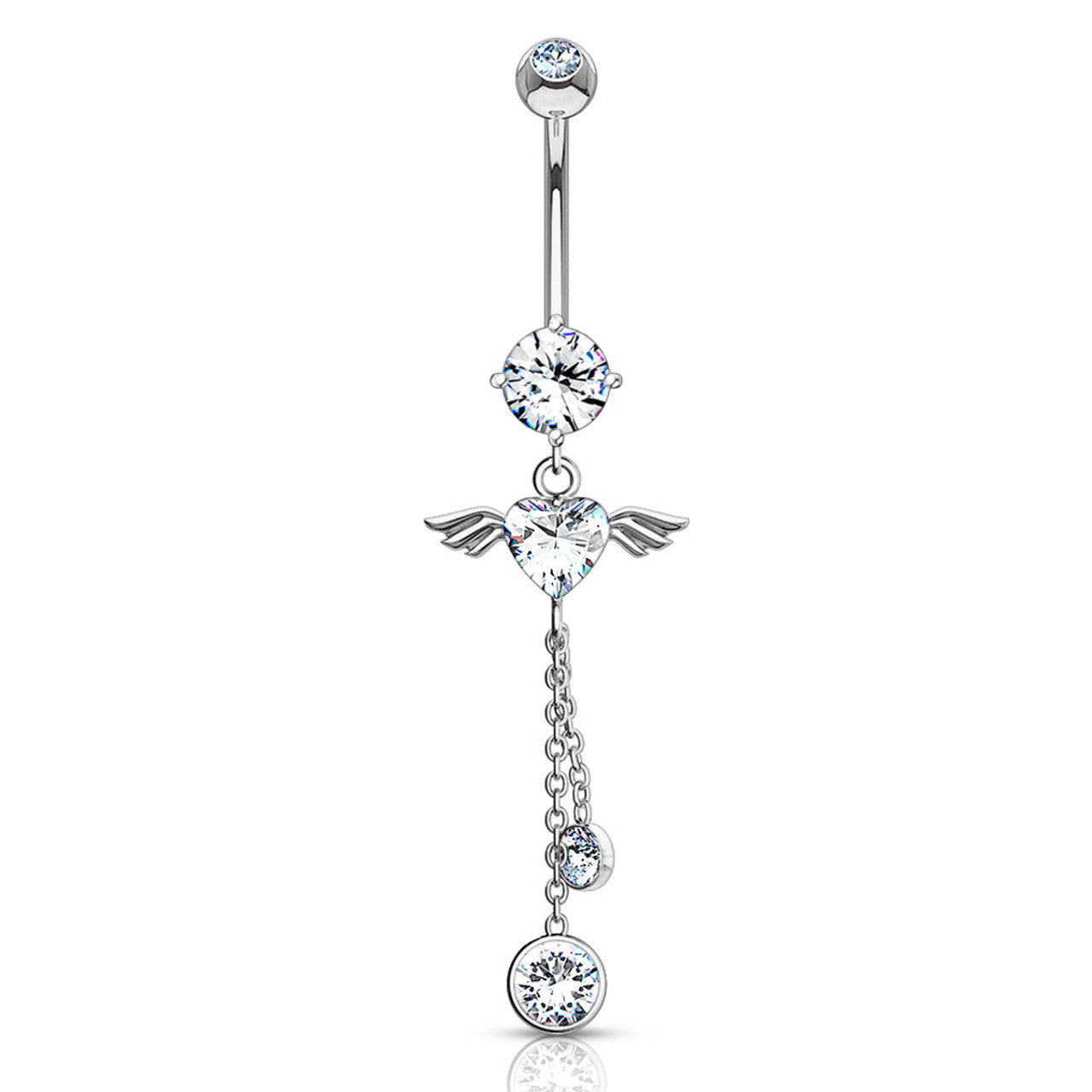 14 Karat Solid Gold Belly Ring 14 Gauge Dangle Angel Wing Heart CZ Gem