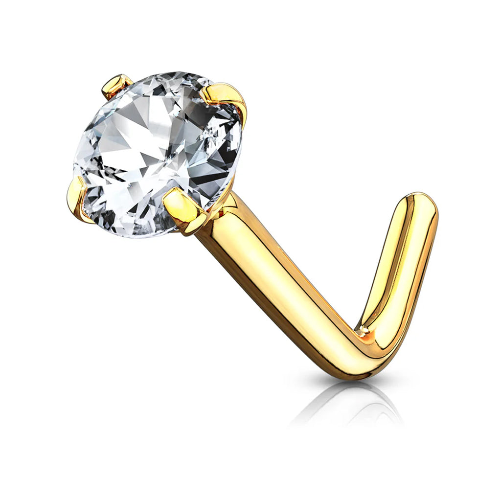 14 Karat Solid Gold Nose Ring Stud 20 & 18 Gauge 1/4" L Bend Round CZ