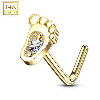 14 Karat Gold Nose Ring Stud 20 Gauge 1/4" L Bend With Baby Foot & Gem