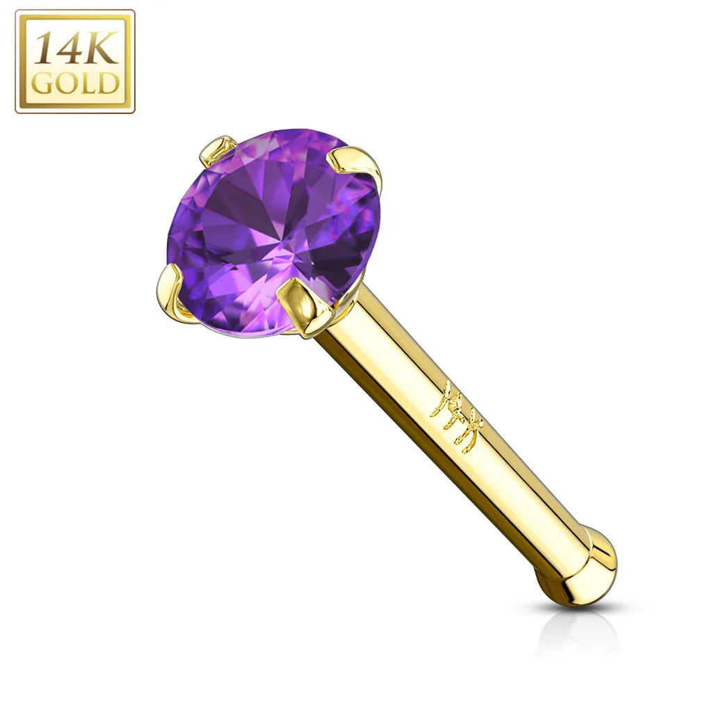 14 Karat Solid Gold Nose Stud Ring 20 Gauge 1/4" Bone & Prong Set Gem