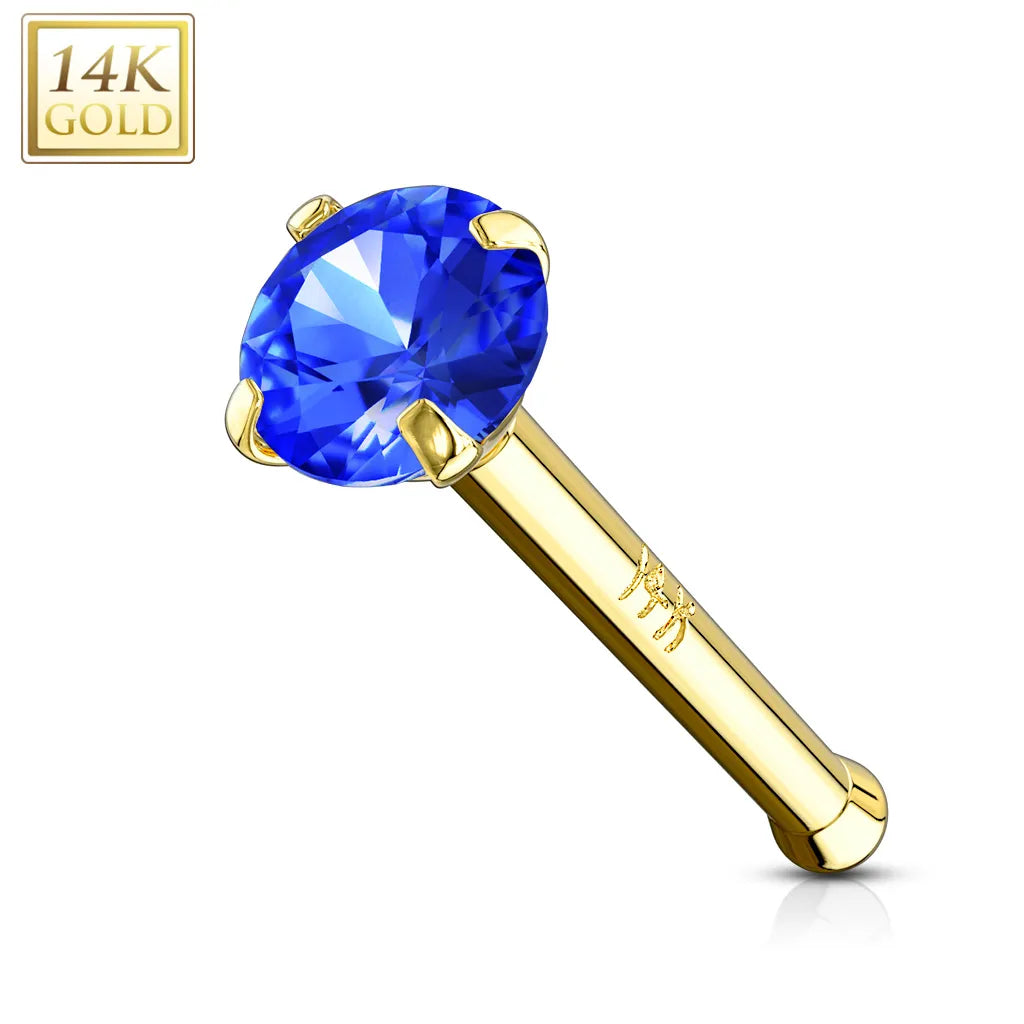 14 Karat Solid Gold Nose Stud Ring 20 Gauge 1/4" Bone & Prong Set Gem