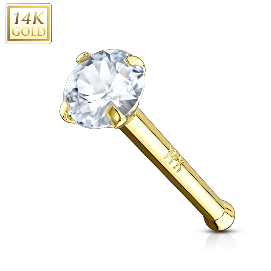 14 Karat Solid Gold Nose Stud Ring 20 Gauge 1/4" Bone & Prong Set Gem