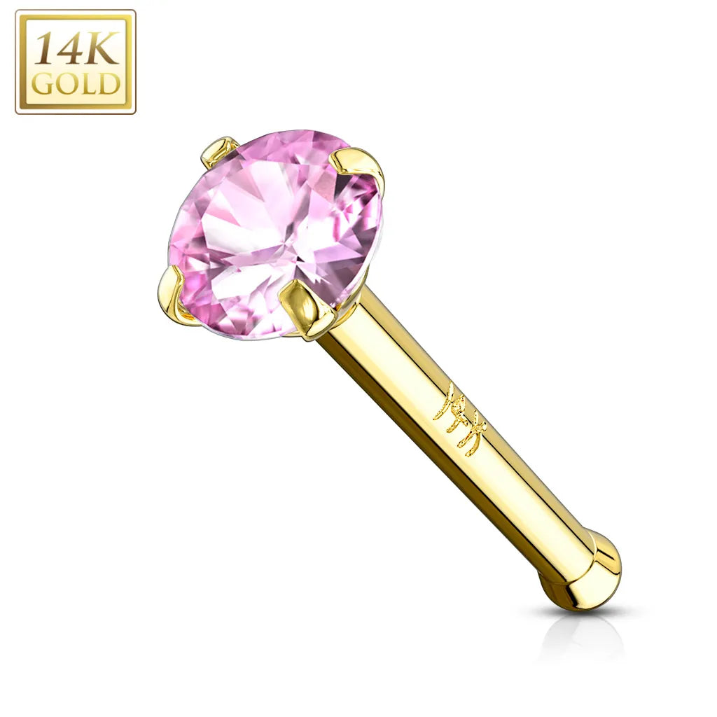 14 Karat Solid Gold Nose Stud Ring 20 Gauge 1/4" Bone & Prong Set Gem