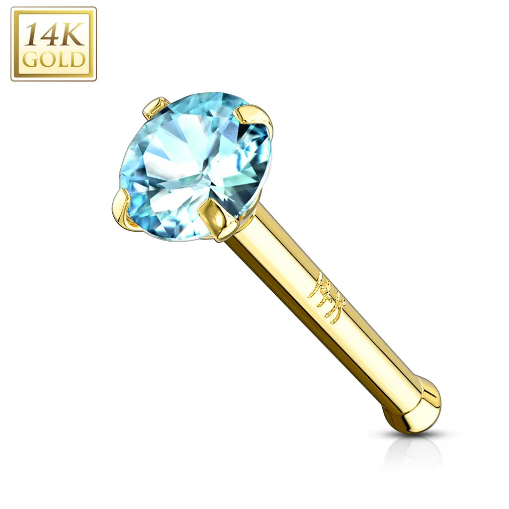 14 Karat Solid Gold Nose Stud Ring 20 Gauge 1/4" Bone & Prong Set Gem