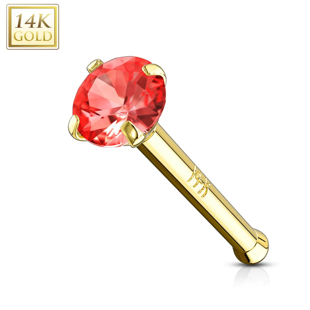 14 Karat Solid Gold Nose Stud Ring 20 Gauge 1/4" Bone & Prong Set Gem