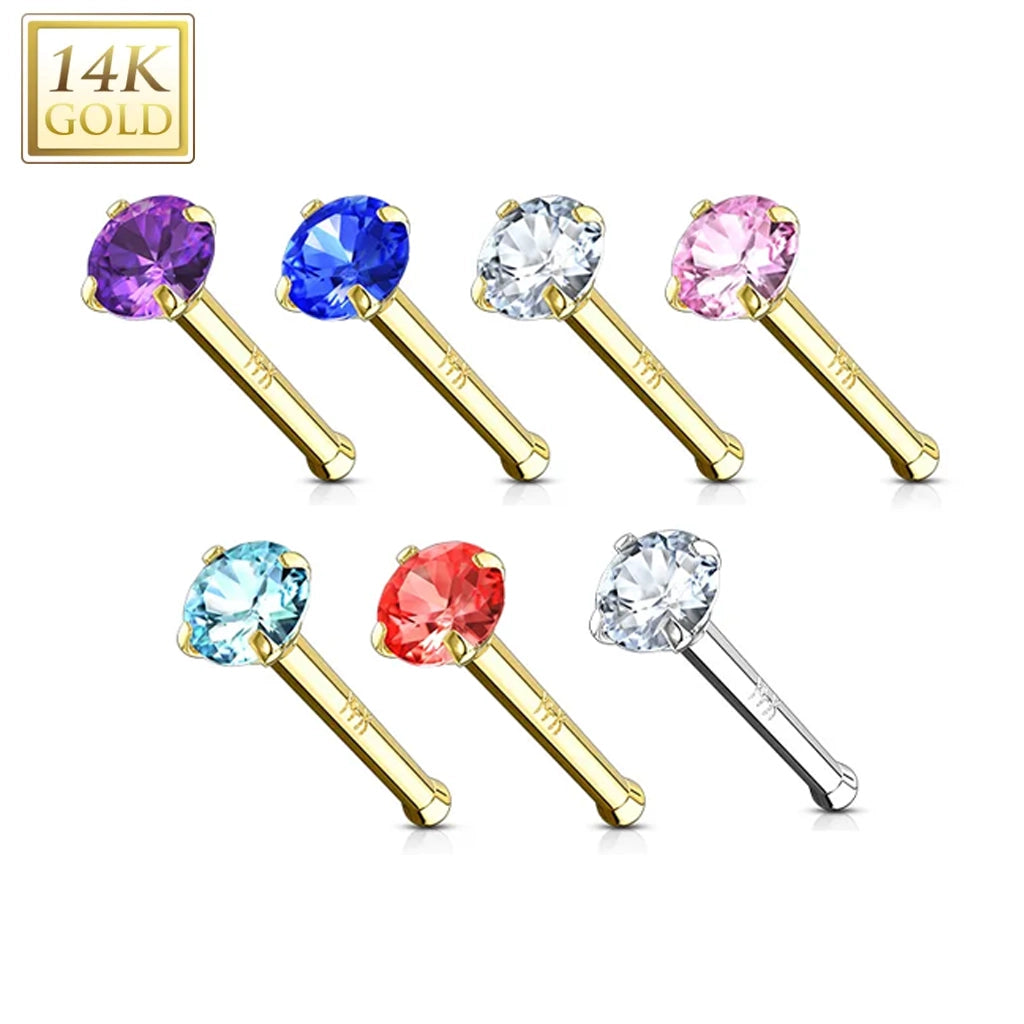 14 Karat Solid Gold Nose Stud Ring 20 Gauge 1/4" Bone & Prong Set Gem