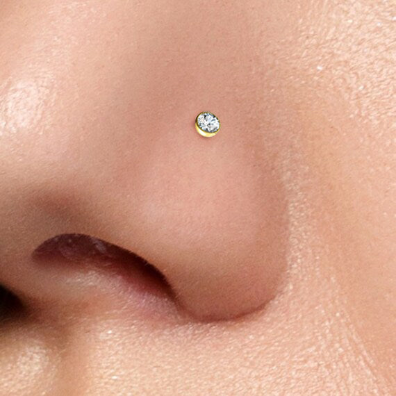 14 Karat Solid Gold Nose Bone Stud Ring 20 & 18 Gauge 1/4" - Round Gem