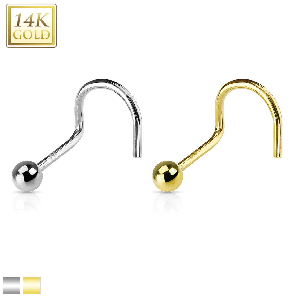 14 Karat Solid Gold Nose Ring Screw 20 & 18 Gauge 1/4" 6 MM - Ball End