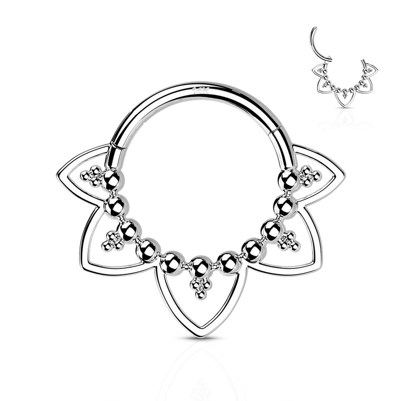 14 Karat Gold Septum Clicker Hinged Hoop Ring 16 Gauge Heart Filigree