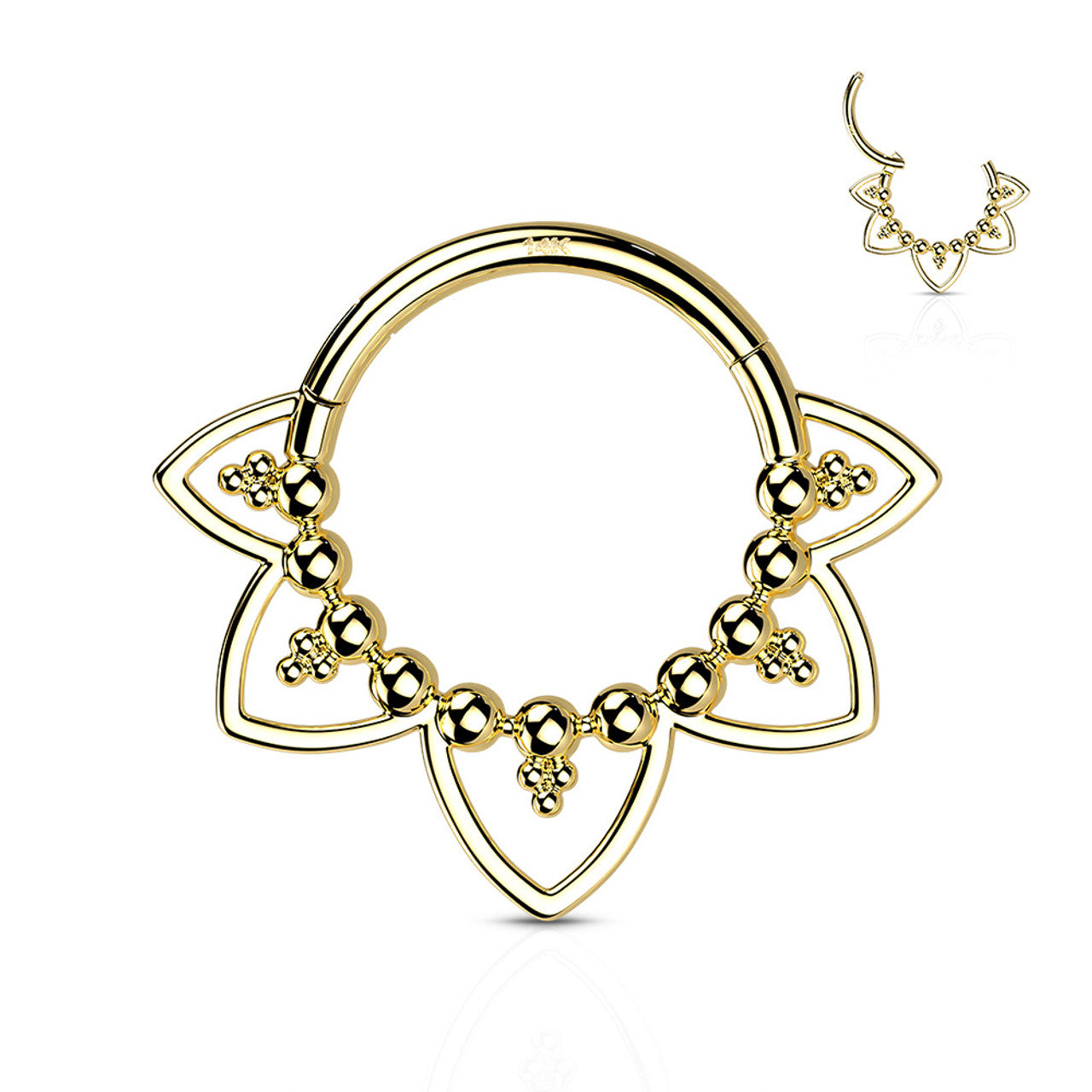 14 Karat Gold Septum Clicker Hinged Hoop Ring 16 Gauge Heart Filigree