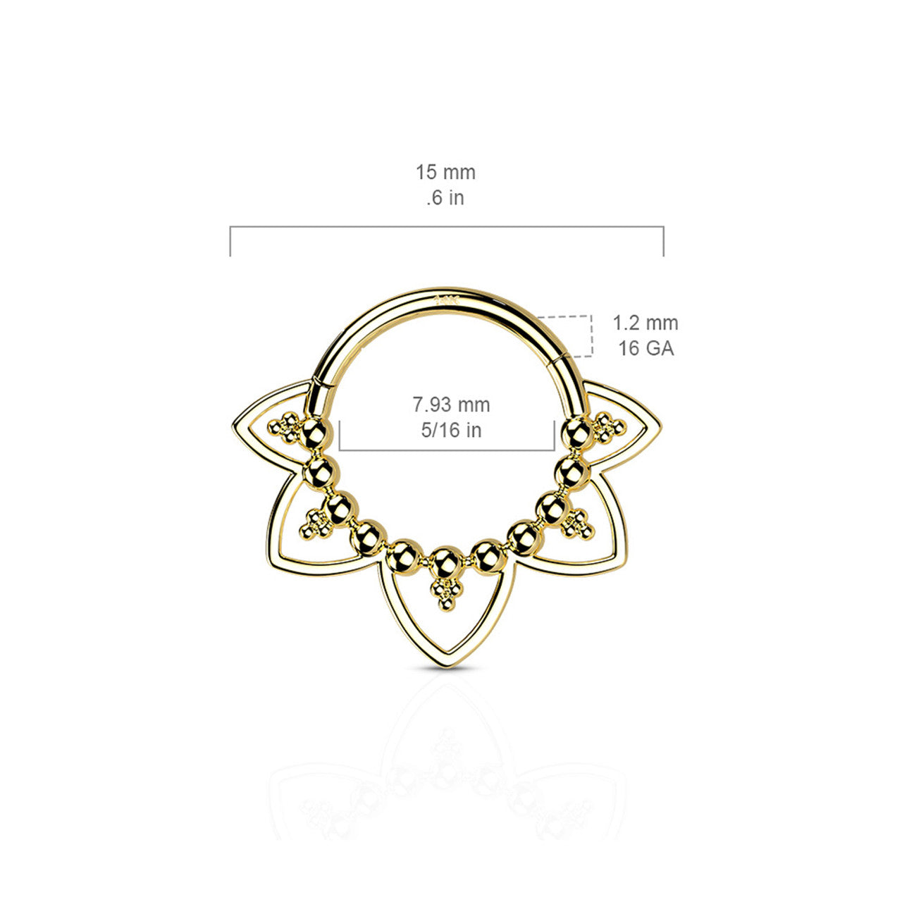 14 Karat Gold Septum Clicker Hinged Hoop Ring 16 Gauge Heart Filigree