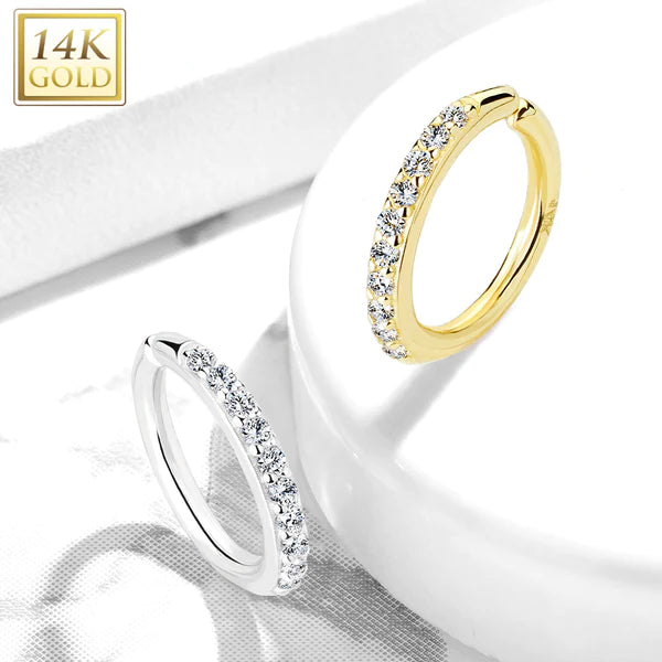 14 Karat Solid Gold Nose Ring 20 18 16 Gauge Bendable Hoop & CZ Paved