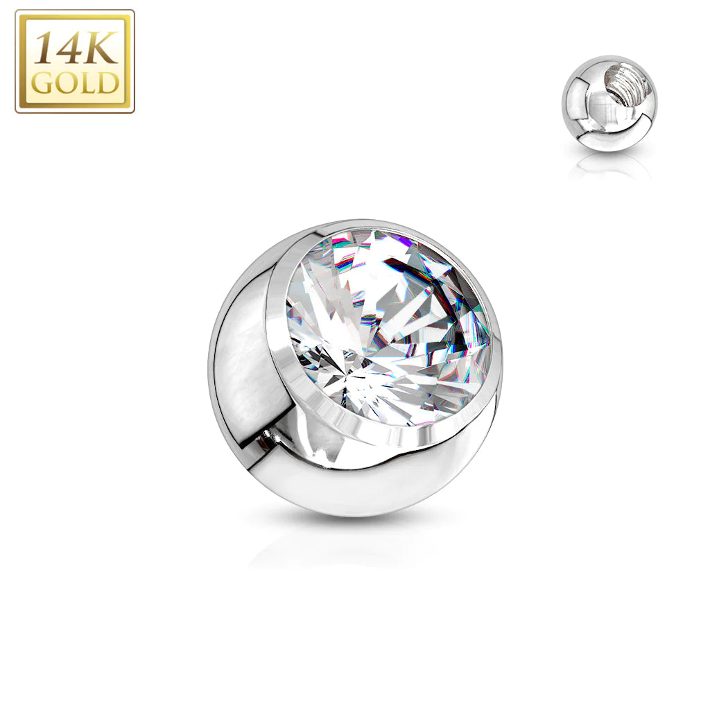 14 Karat Solid Gold Cubic Zirconia Gem Ball Top 16 & 14 Gauge 3 - 5 MM