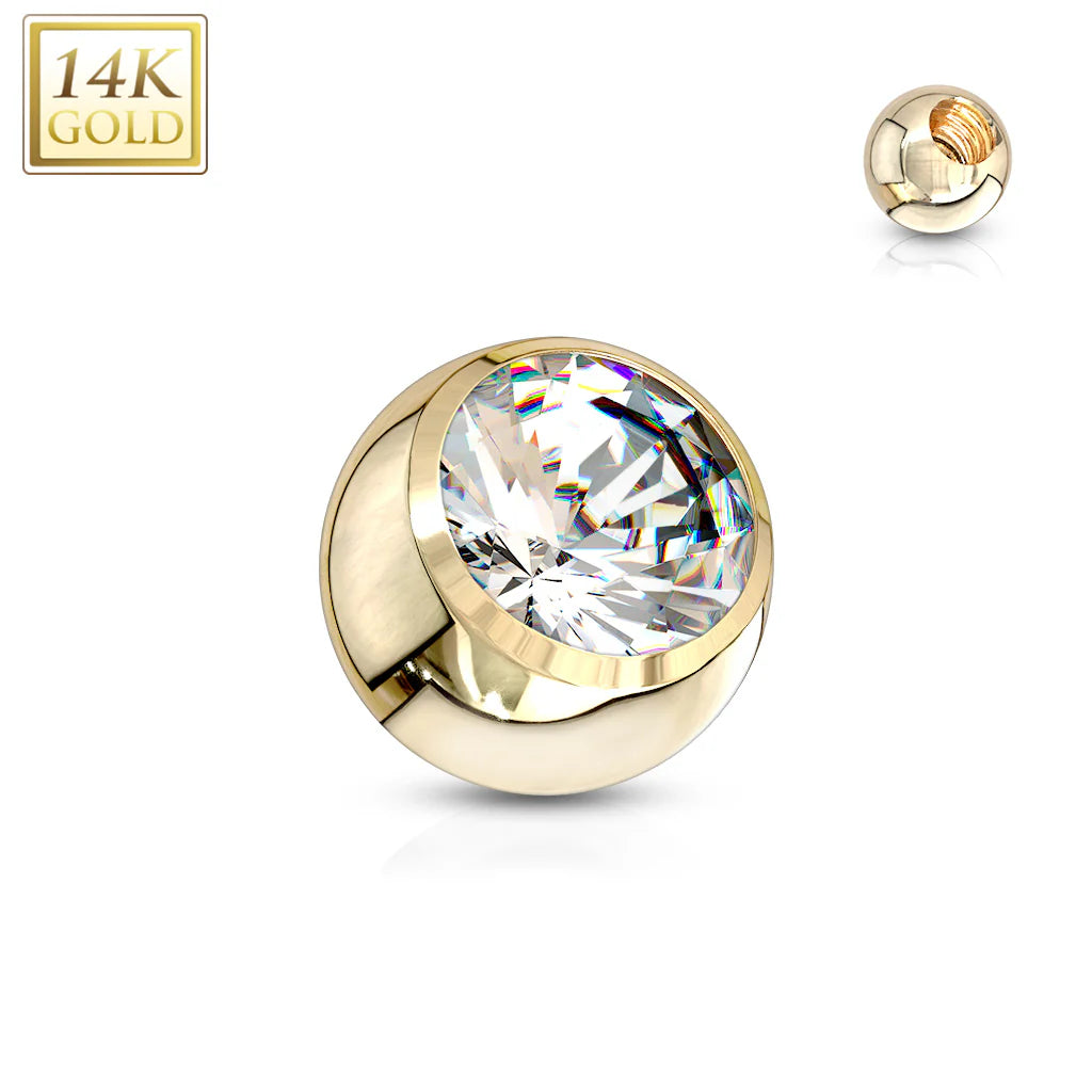 14 Karat Solid Gold Cubic Zirconia Gem Ball Top 16 & 14 Gauge 3 - 5 MM