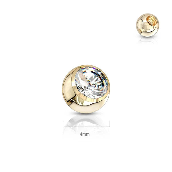 14 Karat Solid Gold Cubic Zirconia Gem Ball Top 16 & 14 Gauge 3 - 5 MM