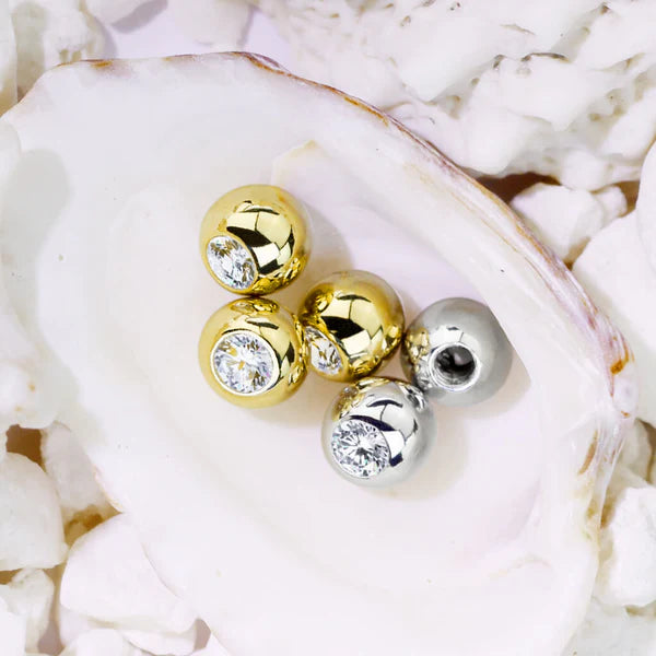 14 Karat Solid Gold Cubic Zirconia Gem Ball Top 16 & 14 Gauge 3 - 5 MM