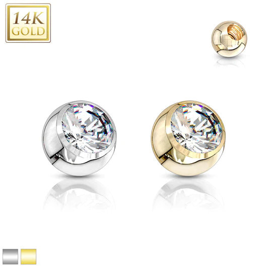14 Karat Solid Gold Cubic Zirconia Gem Ball Top 16 & 14 Gauge 3 - 5 MM