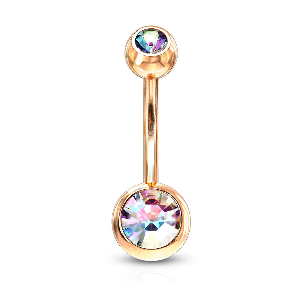 Surgical Steel Belly Ring 14 Gauge Rose Gold IP With Double CZ Gems