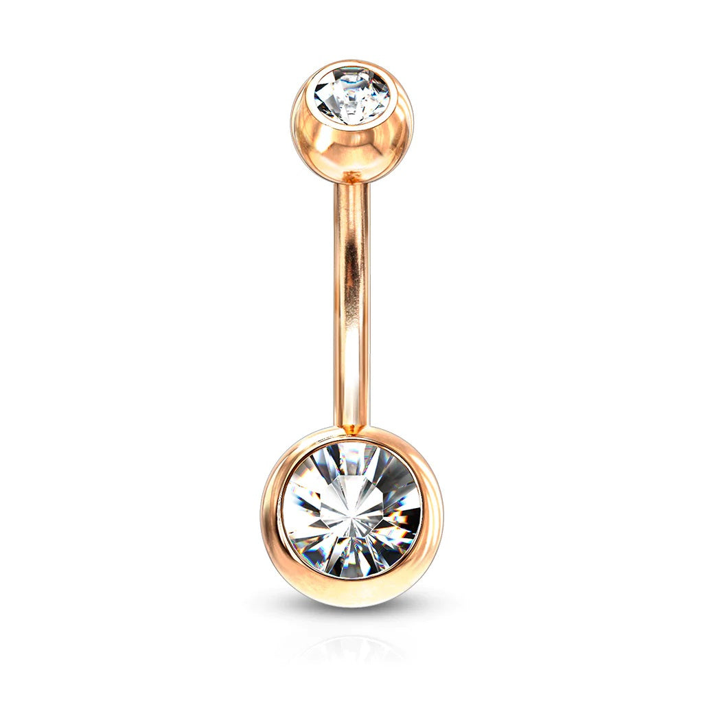 Surgical Steel Belly Ring 14 Gauge Rose Gold IP With Double CZ Gems