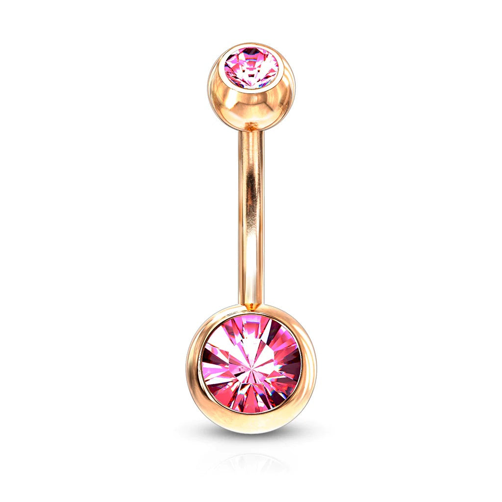 Surgical Steel Belly Ring 14 Gauge Rose Gold IP With Double CZ Gems