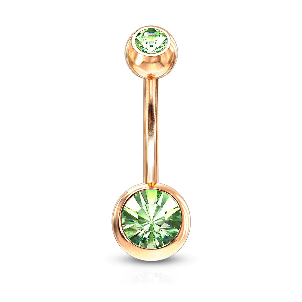 Surgical Steel Belly Ring 14 Gauge Rose Gold IP With Double CZ Gems