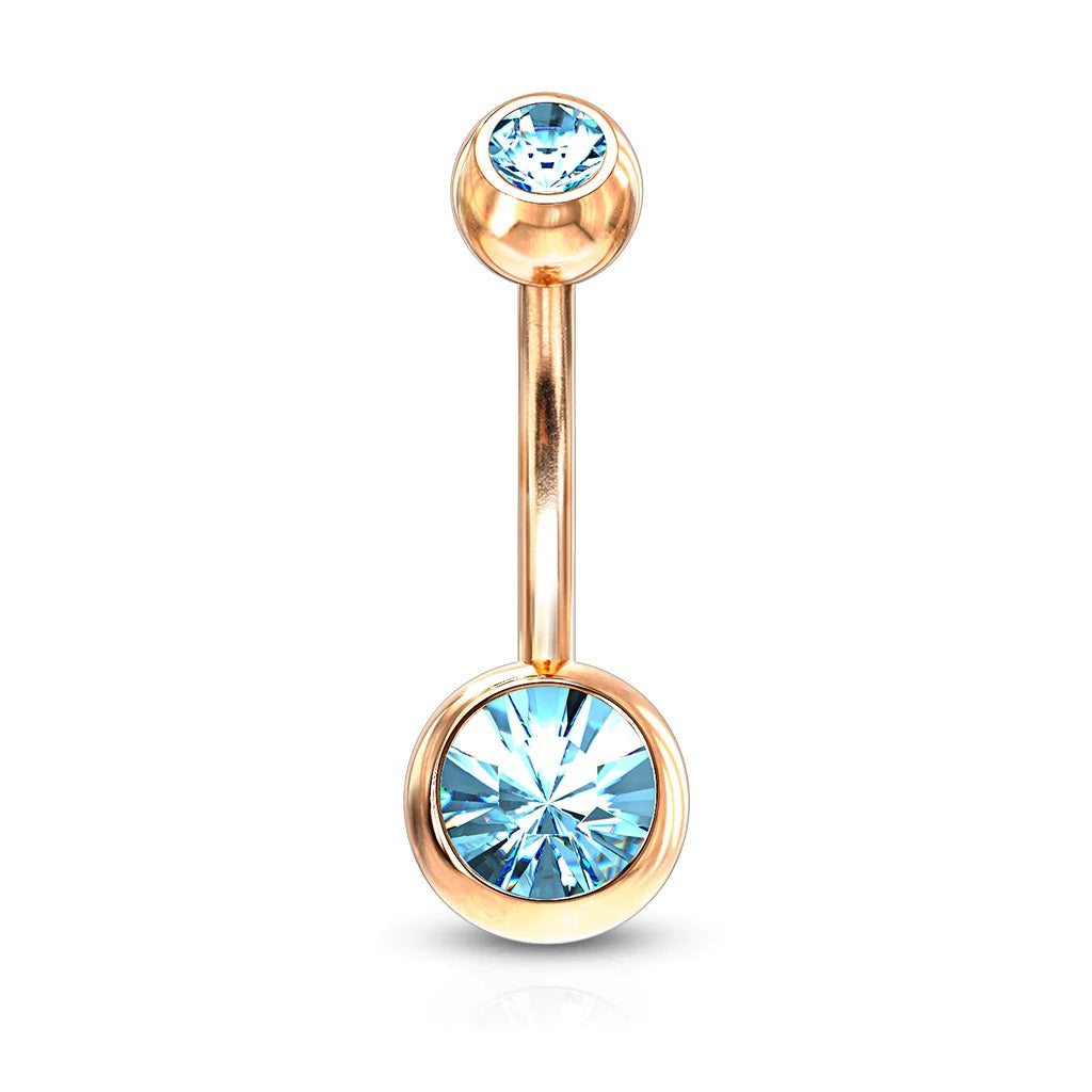 Surgical Steel Belly Ring 14 Gauge Rose Gold IP With Double CZ Gems