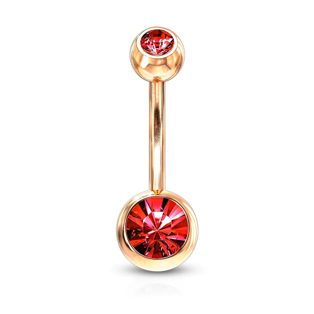 Surgical Steel Belly Ring 14 Gauge Rose Gold IP With Double CZ Gems