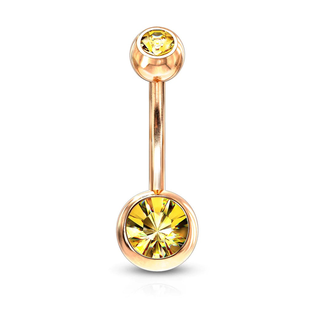 Surgical Steel Belly Ring 14 Gauge Rose Gold IP With Double CZ Gems