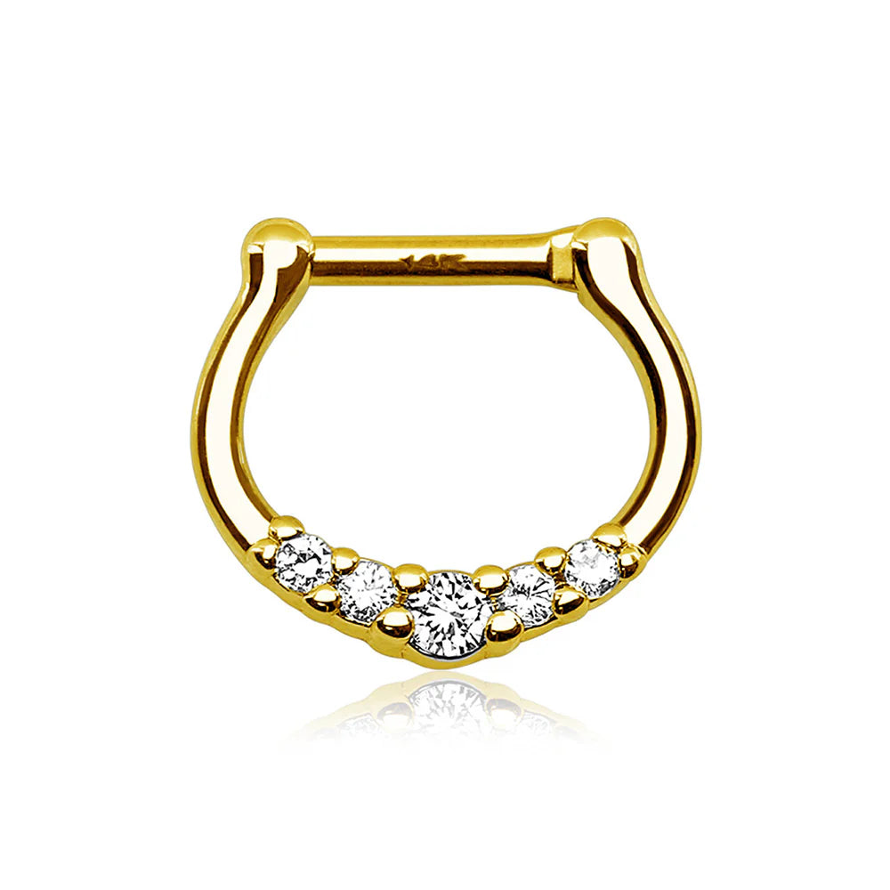 14 Karat Solid Gold Septum Clicker Hinged Ring 16 Gauge With 5 Gems