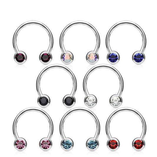 Surgical Steel Circular Barbell Ring 16 & 14 Gauge Front CZ Gem - Pair