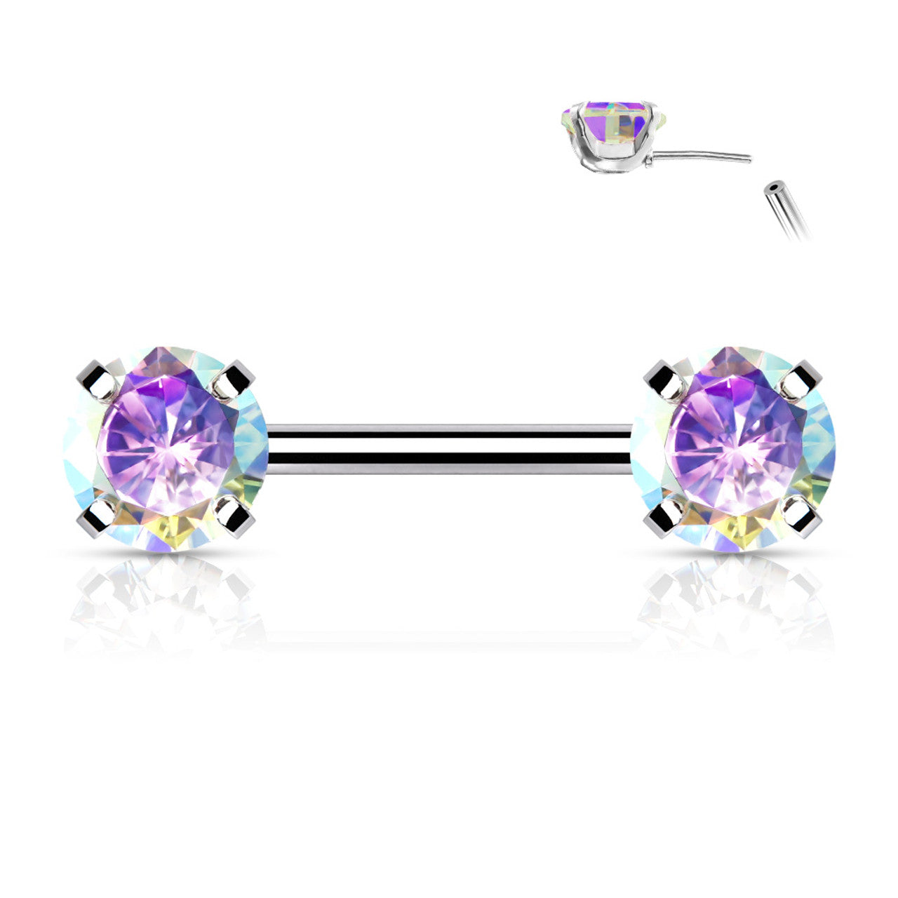 Surgical Steel Nipple Ring Barbell 14 Gauge Threadless Round CZ - Pair