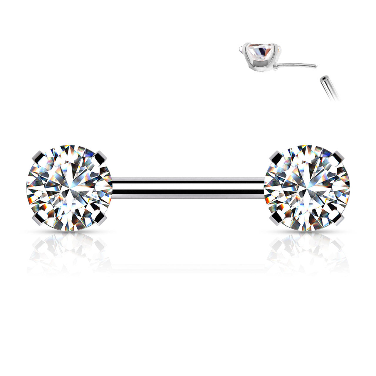 Surgical Steel Nipple Ring Barbell 14 Gauge Threadless Round CZ - Pair