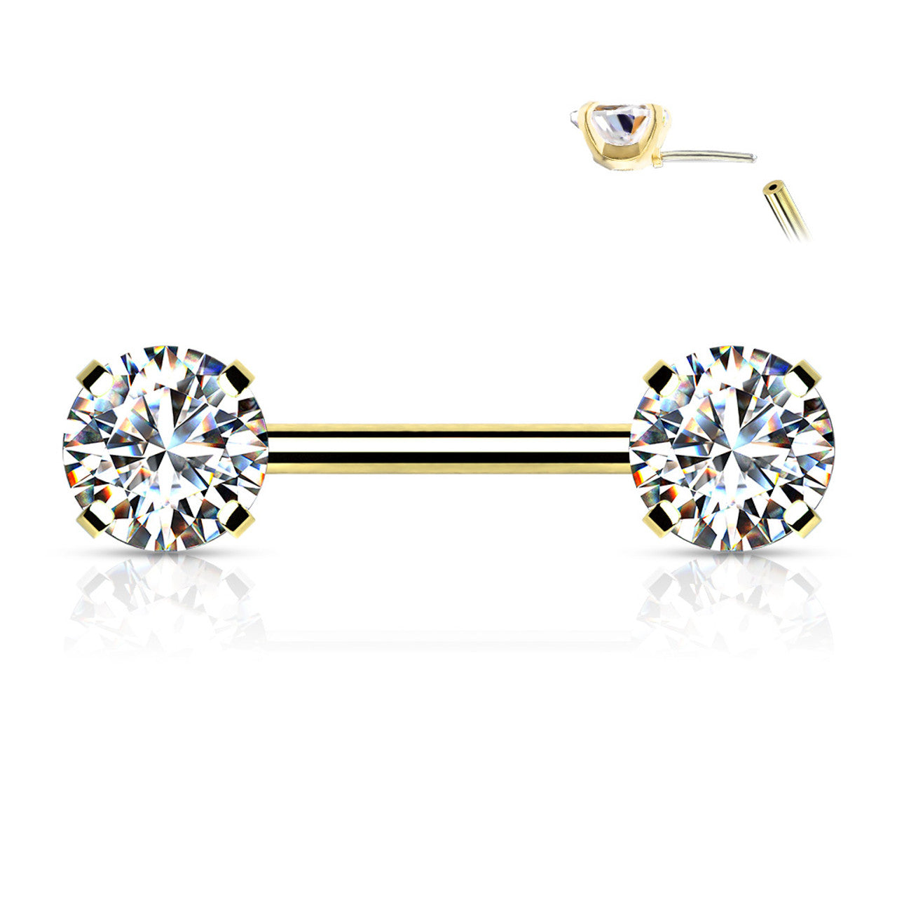 Surgical Steel Nipple Ring Barbell 14 Gauge Threadless Round CZ - Pair