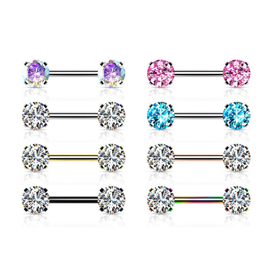 Surgical Steel Nipple Ring Barbell 14 Gauge Threadless Round CZ - Pair