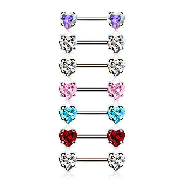 Surgical Steel Nipple Ring Barbell 14 Gauge Threadless With Heart CZ