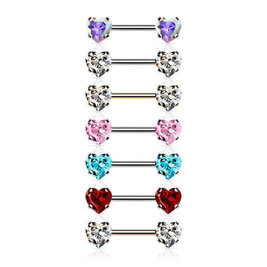 Surgical Steel Nipple Ring Barbell 14 Gauge Threadless With Heart CZ