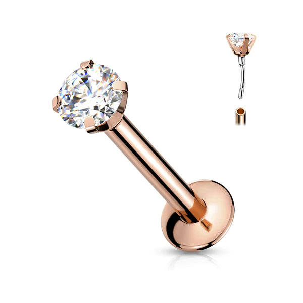 Surgical Steel Labret Stud 20 & 18 Gauge Threadless Flat Back CZ Gem