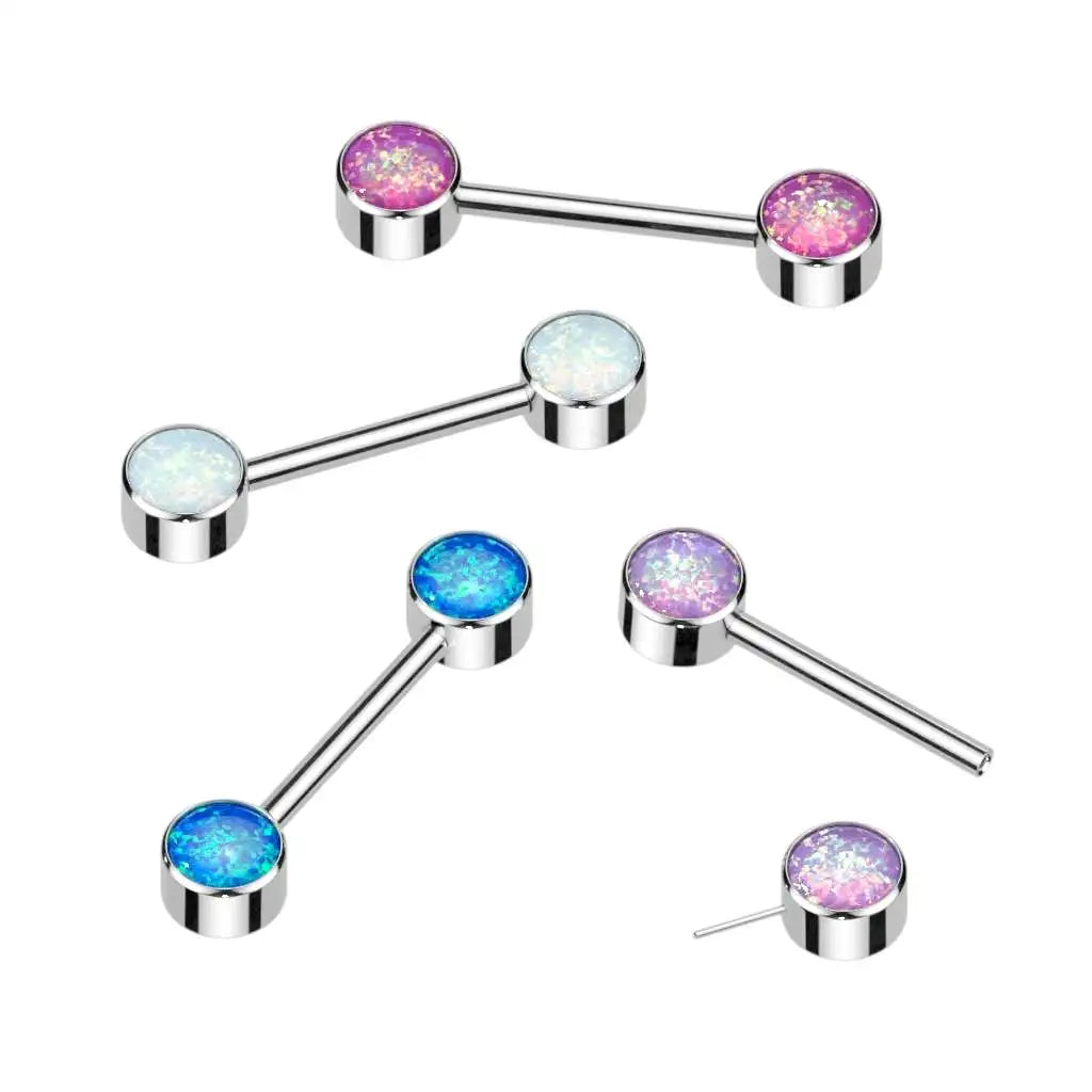 Titanium Threadless Nipple Ring Barbell 14 Gauge With Front Round Opal